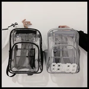Detailed view of clear PVC transparent backpack with multi pockets and contrast trim design.