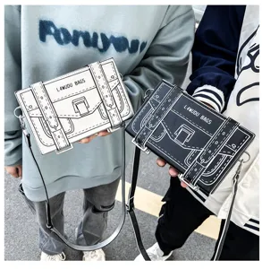 2D comic cartoon style cross-body box bag, trendy fashion messenger shoulder bag for couples.