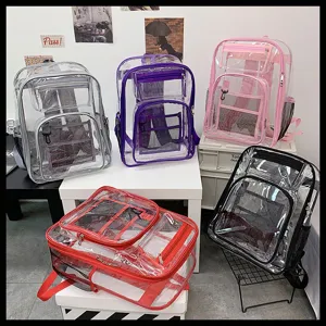 Clear PVC waterproof backpack transparent school bag with multiple zipper pockets for daily use.