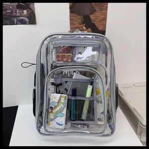 Transparent PVC backpack with multi-pocket design, large capacity school bag for daily use.