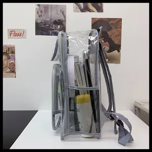 Transparent PVC Backpack Clear School Bag Grey Trim Casual Daypack Waterproof Bookbag
