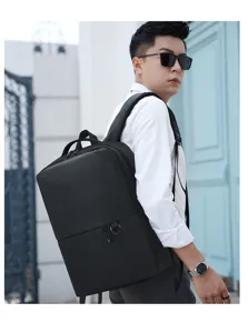 Close-up view of the black business laptop backpack, showing durable fabric and daily use.