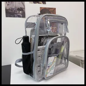 Clear PVC backpack with grey trim, multi compartments, front pocket, side mesh pocket.