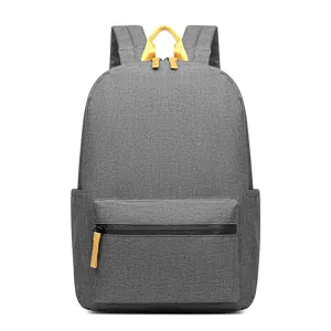 Grey casual backpack for men and students with yellow handle and zipper details, front view