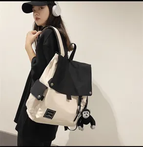 Casual canvas student backpack, trendy black and white color block flap unisex daily school bag