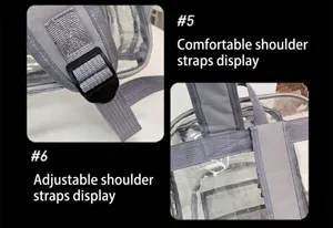Close-up display of clear PVC backpack shoulder strap details and adjustable metal buckles.