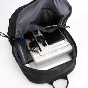 Black minimalist business casual backpack with spacious multi-compartment interior design.