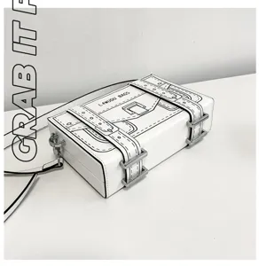 Detailed view of 2D comic style sketch cross-body box bag with metal lock and unique design.