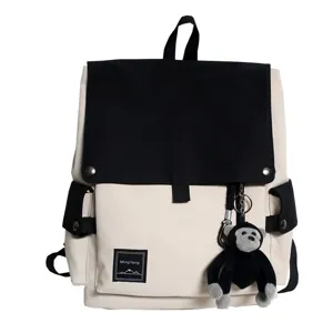Casual canvas backpack high school student minimalist two-tone flap school bag with monkey charm