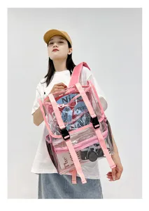Detail view of the clear PVC backpack with pink straps and transparent body design.