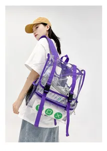 Transparent PVC backpack for daily travel and casual use featuring purple shoulder straps