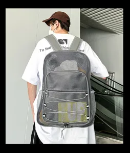 Sac à dos en maille grise respirant pour le sport, la natation et la plage, grande capacité.