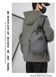 Detailed view of urban grey PU sling chest bag, stylish streetwear design and strap.