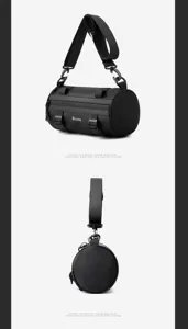 Black waterproof cylinder shoulder bag with multi-layer zipper and adjustable strap