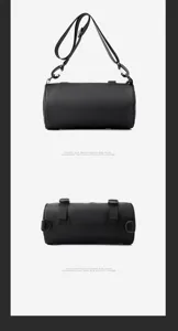Black waterproof cylindrical shoulder bag for men, multi-layer tactical messenger bag.