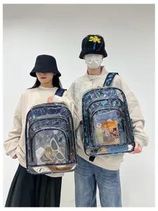 Transparenter PVC Rucksack mit trendigem Graffiti-Druck, modische Schultasche für Studenten.