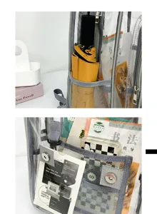 Λεπτομερής εικόνα διαφανούς σακιδίου PVC με ανθεκτικές πλαϊνές τσέπες δικτύου.