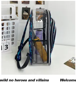 Trendiger Graffiti-Klar-PVC-Schülerrucksack mit seitlicher Netztasche, schicke Schultasche.