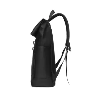 Schwarzer Rolltop Rucksack für Herren, lässiger Business Schulrucksack mit Seitentasche.