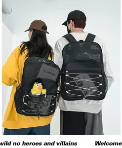 Sac à dos en filet noir respirant avec poche avant et cordon élastique pour loisirs