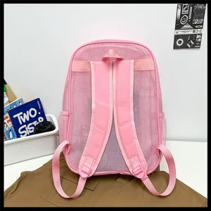 Zaino in rete rosa vista dettagliata, borsa da scuola per spiaggia viaggio grande capacità.
