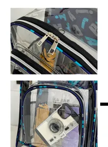 Transparenter PVC Rucksack Detail mit wasserdichtem Material und doppelten Reißverschlüssen.
