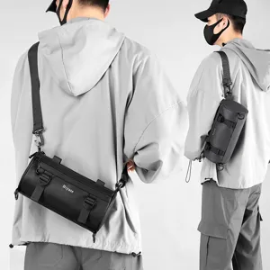Men black laminated cylindrical shoulder crossbody bag trendy functional casual chest bag