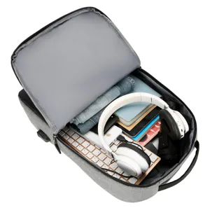 Men's gray oxford laptop backpack with spacious multi-compartment design for daily business travel.