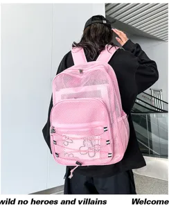 Sac à dos en filet rose respirant sport plage voyage avec bretelles réglables et poche avant