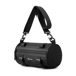 Men's black laminated cylinder shoulder crossbody bag, trendy functional street style daypack.