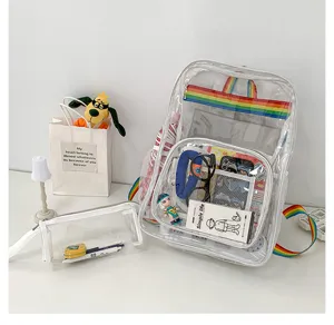 Zaino per studenti in PVC trasparente con spallacci colorati e astuccio coordinato per la scuola.