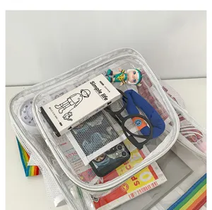 Vista dettagliata dello zaino in PVC trasparente, borsa scolastica trasparente con cinghie colorate.