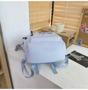 Nahaufnahme Detail eines hellblauen minimalistischen Freizeitrucksacks auf einem weißen Tisch.