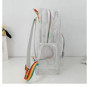 Zaino trasparente in PVC con spallacci arcobaleno e tasca laterale in rete per la scuola.
