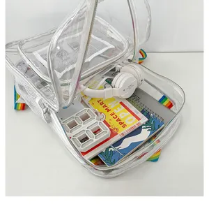 Vista dettagliata dello zaino trasparente in PVC che mostra il materiale chiaro e la cerniera pratica.