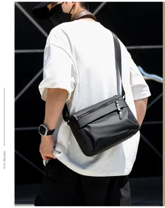 Men's black messenger bag crossbody waterproof film leather shoulder bag daily commute cycling