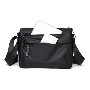 Black mens waterproof PU leather messenger bag with double zippers for daily commuting business