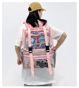 Clear PVC backpack with pink straps and front pockets for casual travel and daily use.