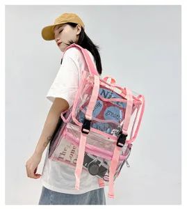 Clear PVC backpack detail shot, transparent travel daypack with pink straps and fashion design.