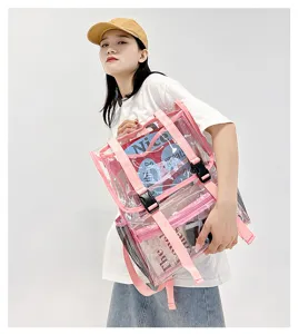 Detailed view of the clear PVC backpack with pink straps, trendy casual travel daypack.