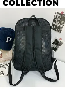 Sac à dos en filet noir pour le sport et la plage, design respirant avec bretelles réglables.