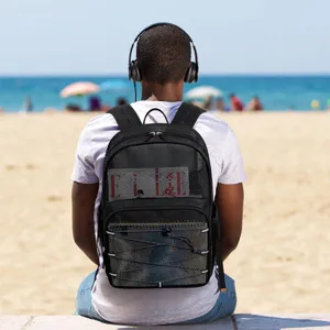 Sac à dos en filet noir respirant sac de plage sport fitness natation sac avec fermeture éclair