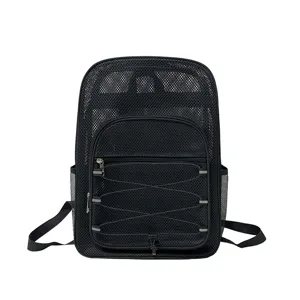 Sac a dos en maille noire pour le sport et la plage, design respirant avec poche zippee.