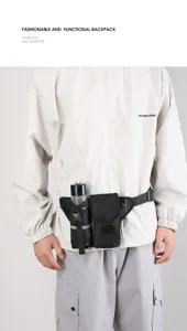 Detailed view of tactical water bottle waist bag, durable outdoor travel nylon pouch in black.
