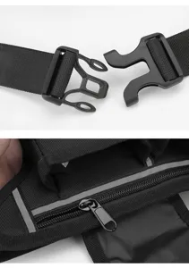 Tactical bag detail shot featuring durable plastic buckle, zipper, and reflective strips.