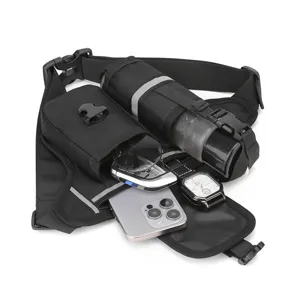 Black tactical waist bag and water bottle holder for outdoor travel, multi-functional sling bag.