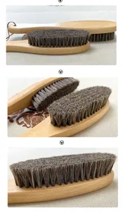 Detail view of the long handle beech wood horsehair brush showing bristle texture and craftsmanship