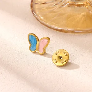 Stainless steel enamel butterfly brooch lapel pin with gold plating and blue pink color.