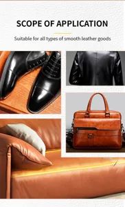 Lederpflege-Set Anwendungsdetail zeigt polierte Schuhe, Jacke, Tasche und Sofamoebel.