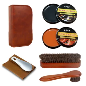 6-teiliges Leder-Schuhpflege-Set mit Etui, Schuhcreme, Bürsten, Tuch und Schuhanzieher.